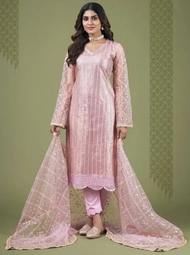 Pleasant Pink Sequins Embroidered Net Festive Wear Salwar Kameez